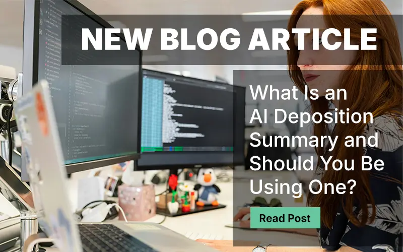 Woman at computer using Ai Deposition Summary Software